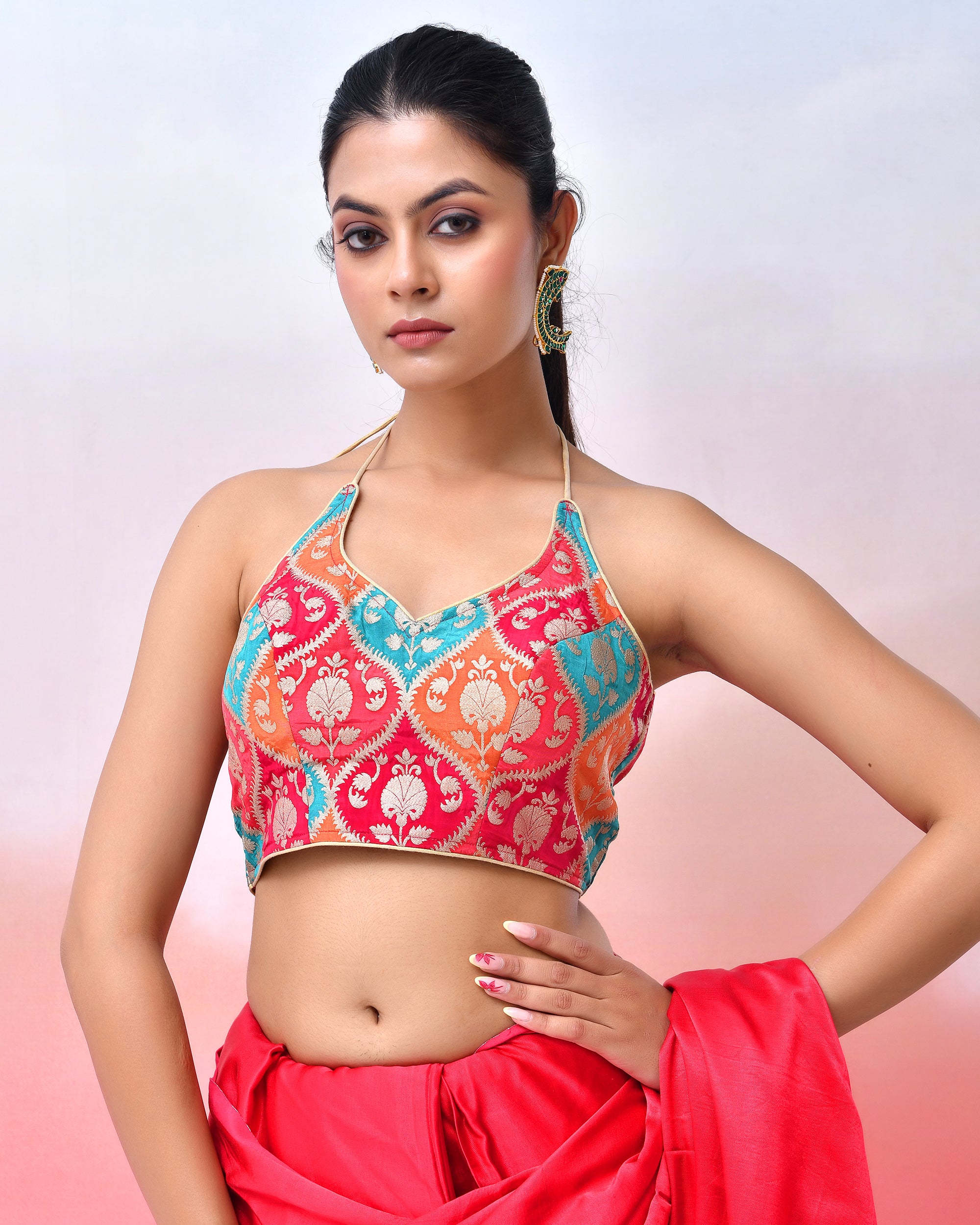 Halter Neck Padded Blouse with Golden Jacket